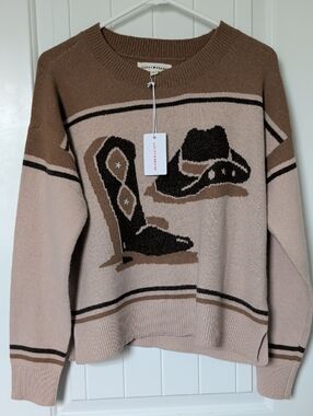 Lucky Brand Women's Cream & Brown Cowboy Boot Crewneck Sweater